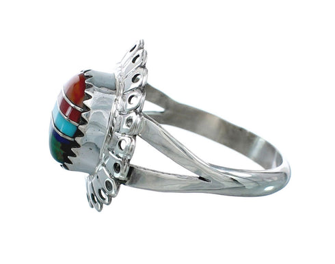 Southwestern Manmade Multicolor Inlay Sterling Silver Ring Size 8-1/4 JX130344